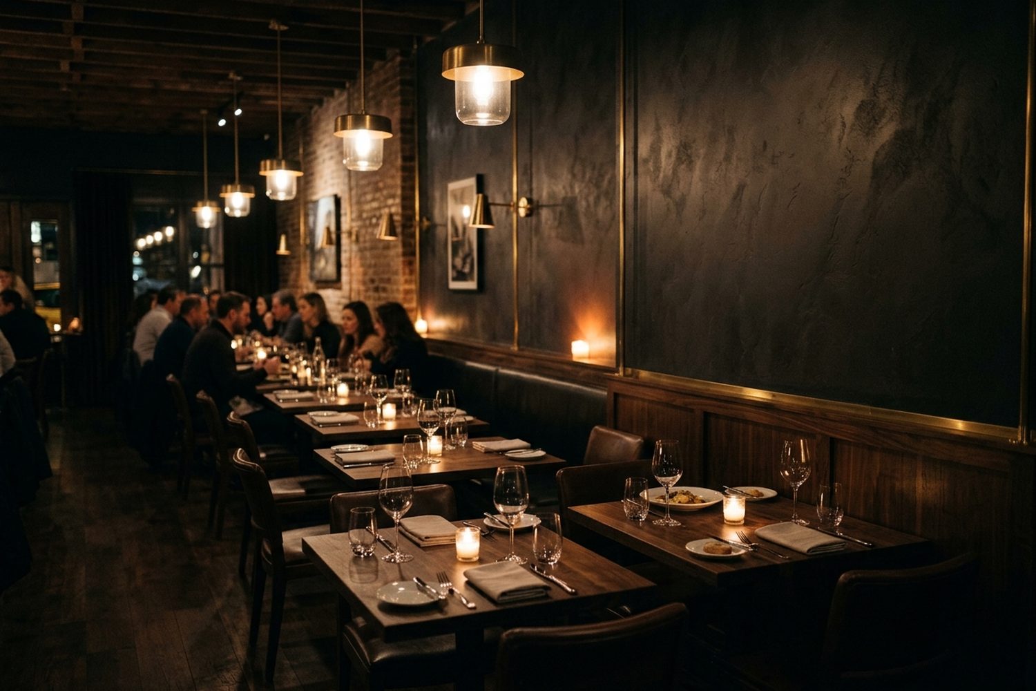 Sala restauracji NOIR przy wieczornym świetle
